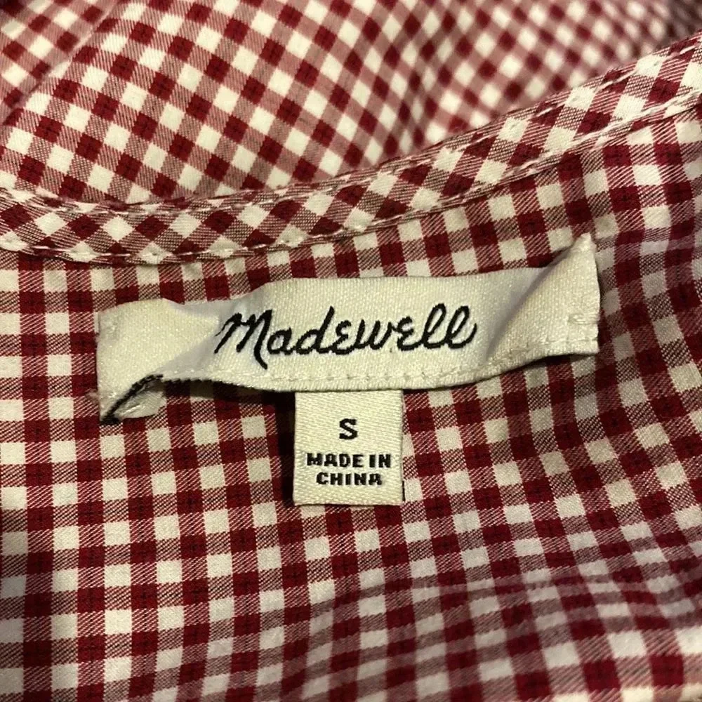 Madewell Small Red Gingham Check Wrap Top Tie Waist 3/4 Sleeves V-Neck - Picture 8 of 9